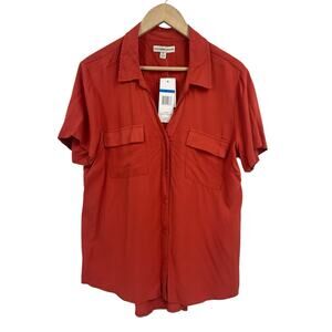 Alexander Jordan Burnt Orange Button Down V Neck Collared Blouse XL NWT